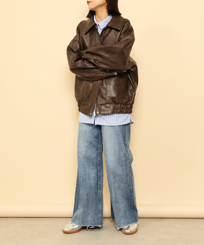 合成皮革 ステンカラー オーバーサイズ ヴィンテージライク ブルゾン