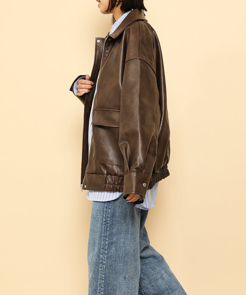 合成皮革 ステンカラー オーバーサイズ ヴィンテージライク ブルゾン