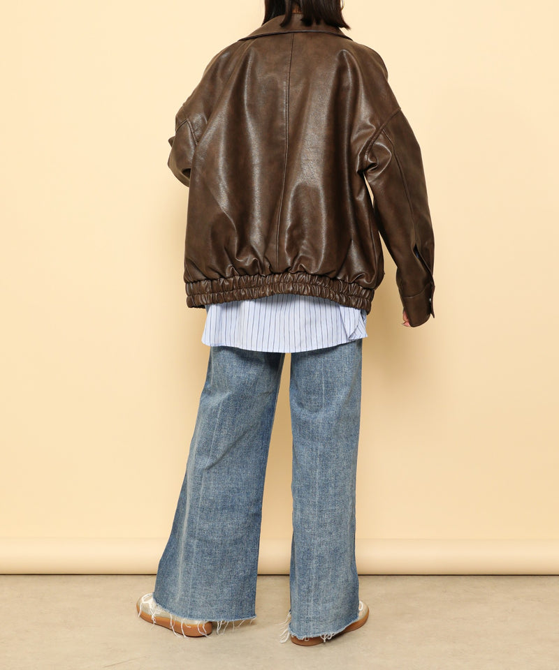 合成皮革 ステンカラー オーバーサイズ ヴィンテージライク ブルゾン