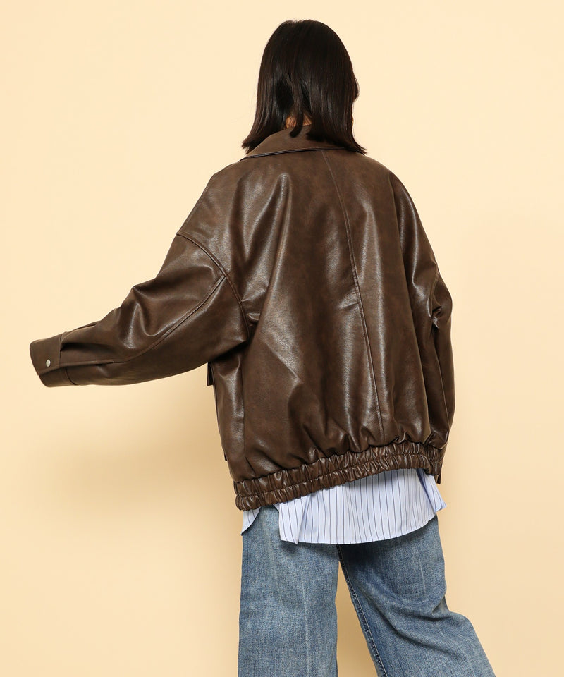 合成皮革 ステンカラー オーバーサイズ ヴィンテージライク ブルゾン