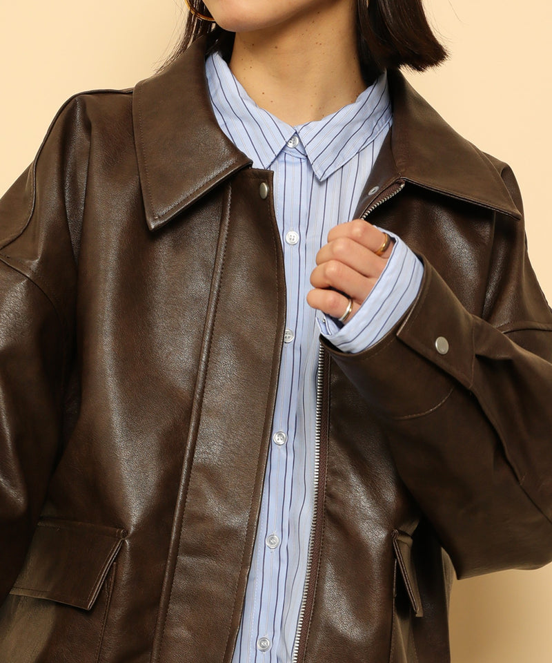 合成皮革 ステンカラー オーバーサイズ ヴィンテージライク ブルゾン