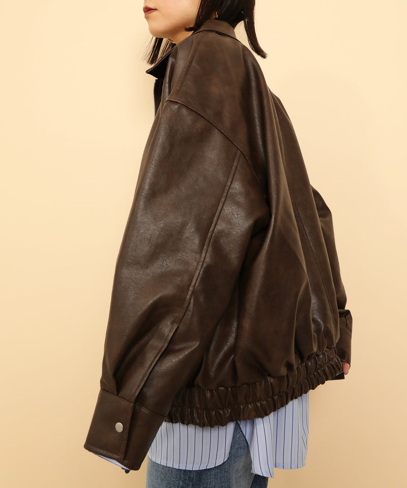 合成皮革 ステンカラー オーバーサイズ ヴィンテージライク ブルゾン