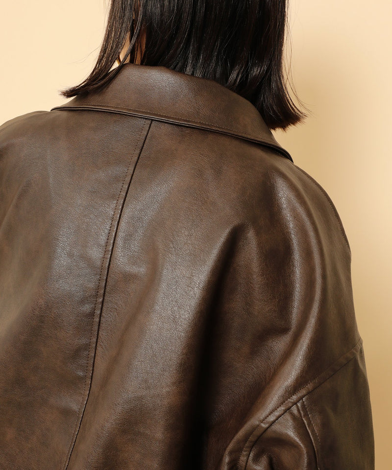 合成皮革 ステンカラー オーバーサイズ ヴィンテージライク ブルゾン