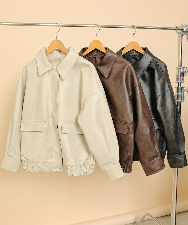 合成皮革 ステンカラー オーバーサイズ ヴィンテージライク ブルゾン