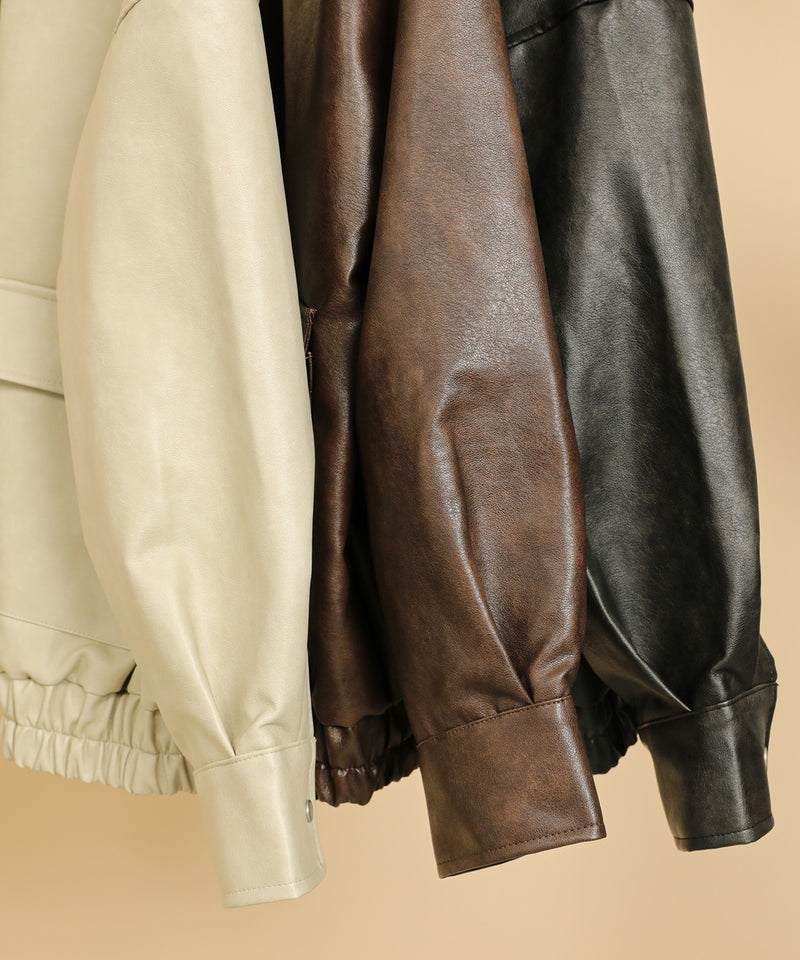 合成皮革 ステンカラー オーバーサイズ ヴィンテージライク ブルゾン