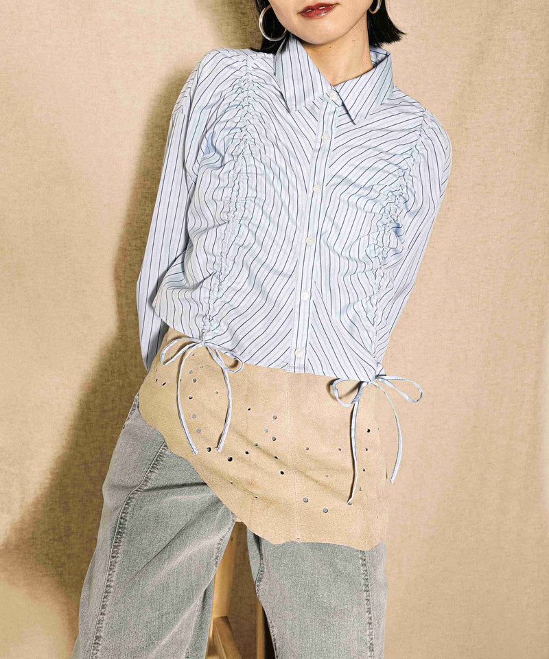 フロントシャーリング リボン ショート シャツブラウス