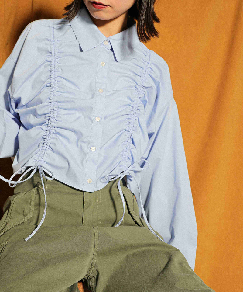 フロントシャーリング リボン ショート シャツブラウス