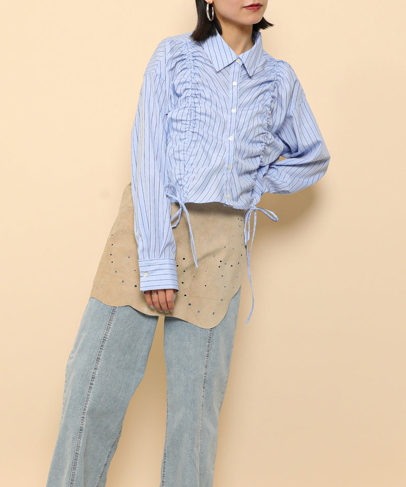 フロントシャーリング リボン ショート シャツブラウス