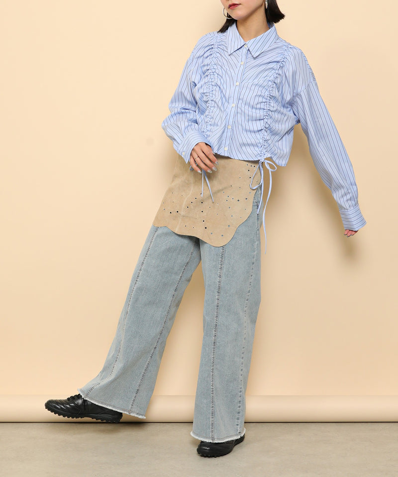 フロントシャーリング リボン ショート シャツブラウス