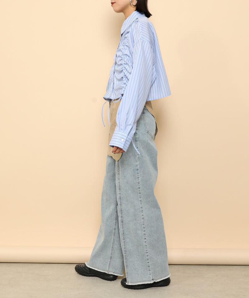 フロントシャーリング リボン ショート シャツブラウス