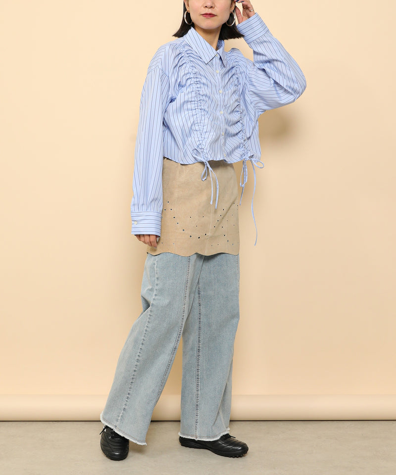 フロントシャーリング リボン ショート シャツブラウス