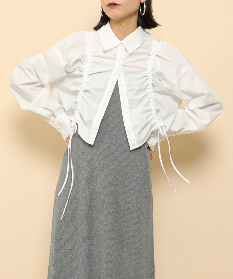 フロントシャーリング リボン ショート シャツブラウス