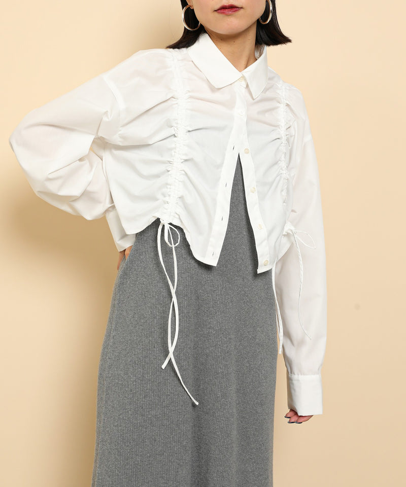 フロントシャーリング リボン ショート シャツブラウス