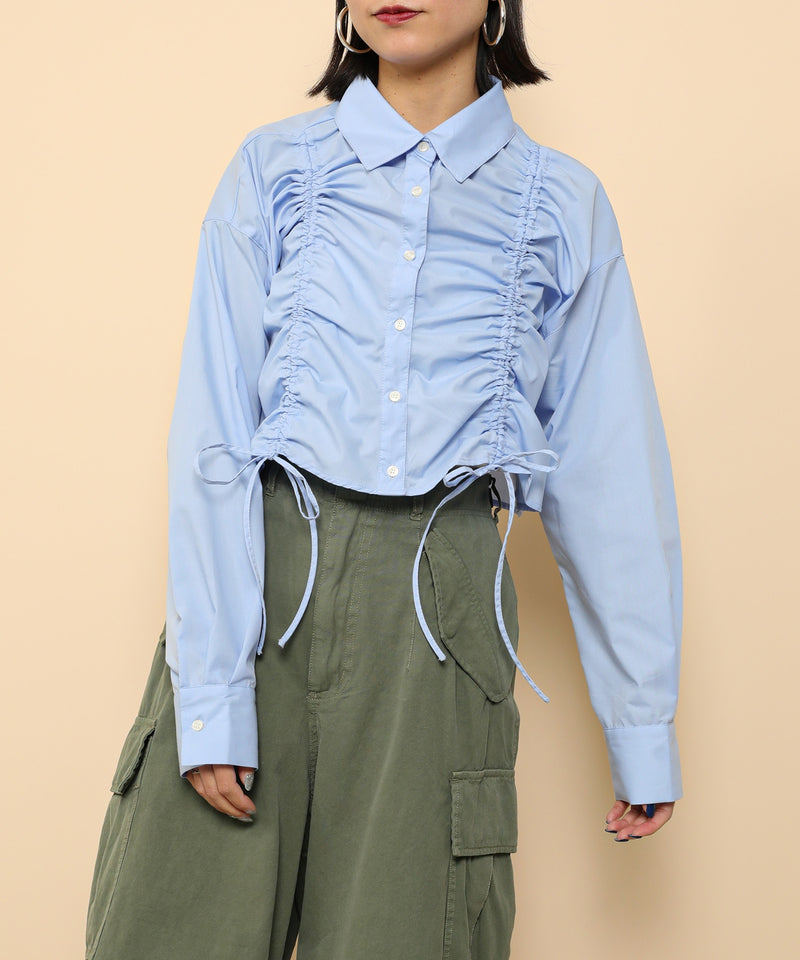 フロントシャーリング リボン ショート シャツブラウス