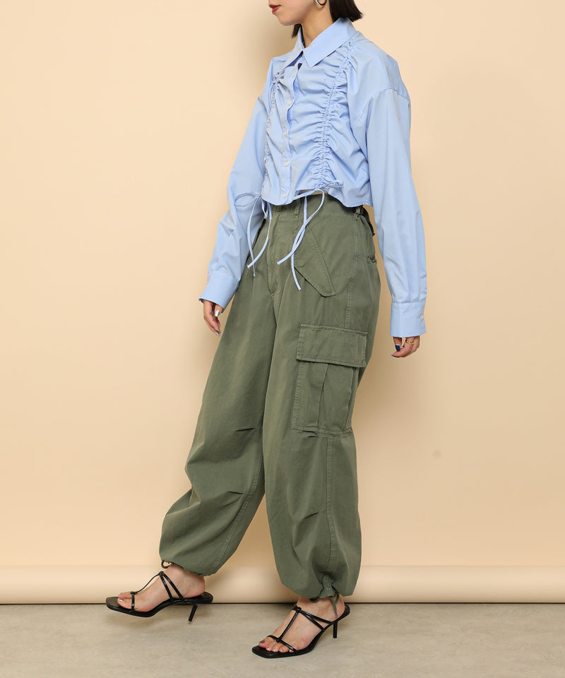 フロントシャーリング リボン ショート シャツブラウス