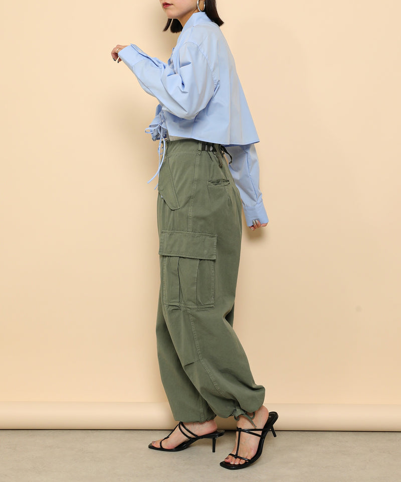 フロントシャーリング リボン ショート シャツブラウス