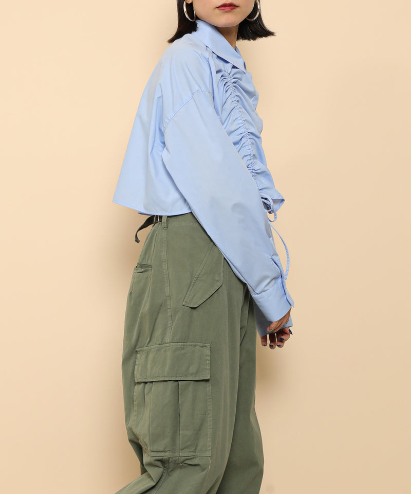 フロントシャーリング リボン ショート シャツブラウス