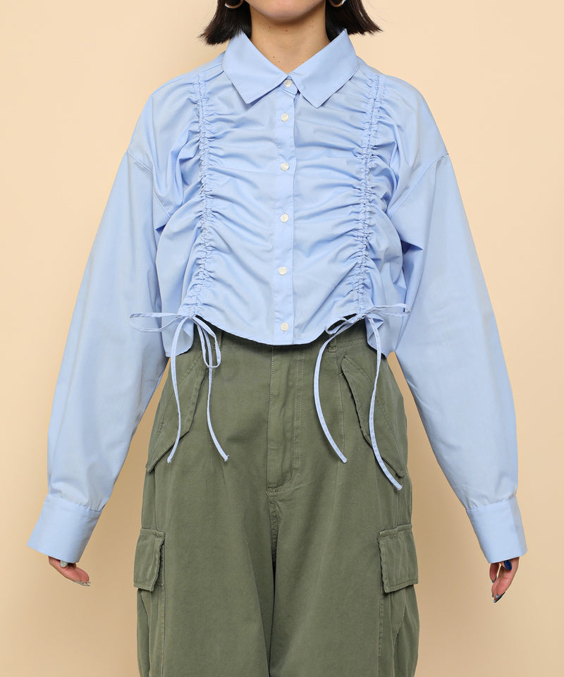 フロントシャーリング リボン ショート シャツブラウス