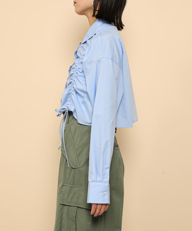 フロントシャーリング リボン ショート シャツブラウス