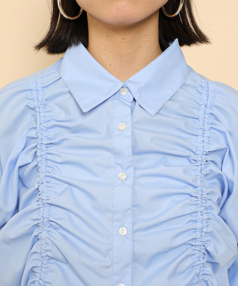 フロントシャーリング リボン ショート シャツブラウス