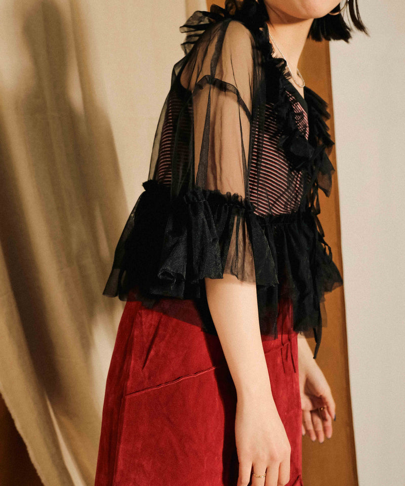 チュール フリル リボン ブラウス