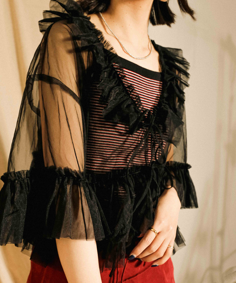 チュール フリル リボン ブラウス