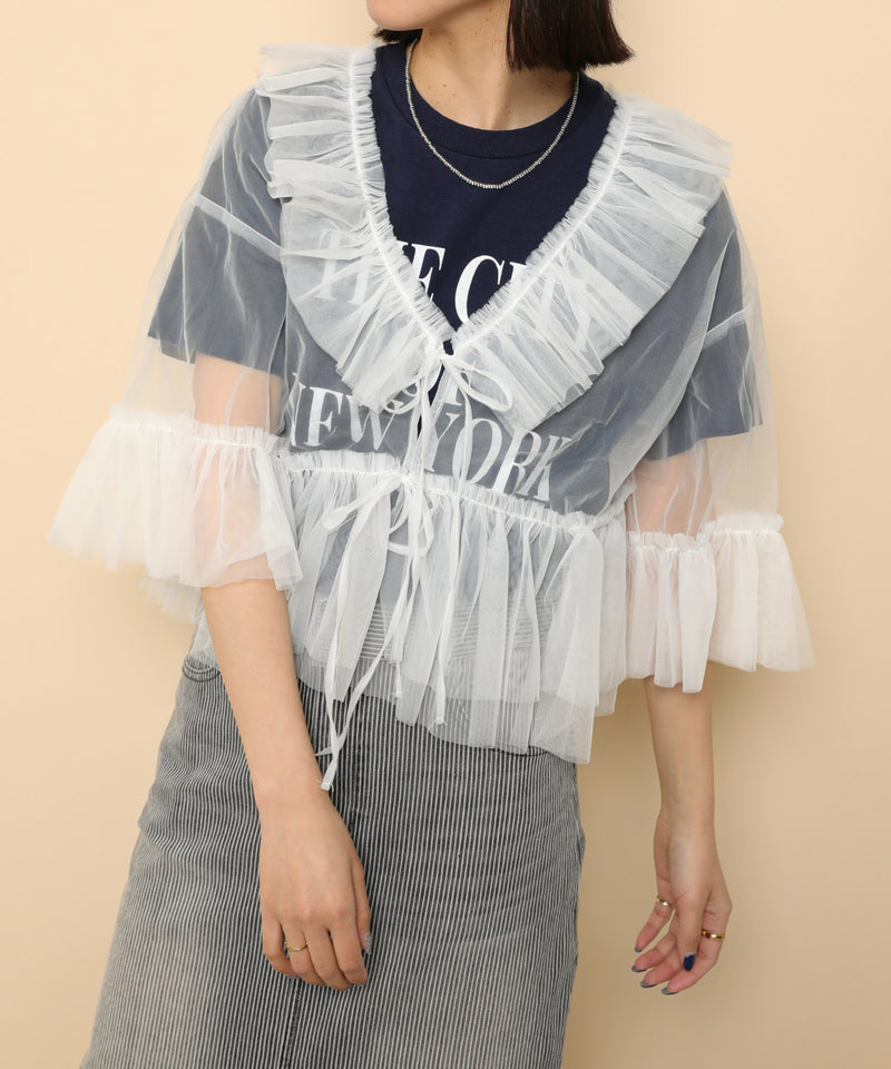 チュール フリル リボン ブラウス
