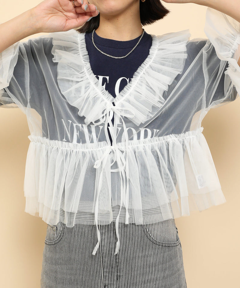 チュール フリル リボン ブラウス