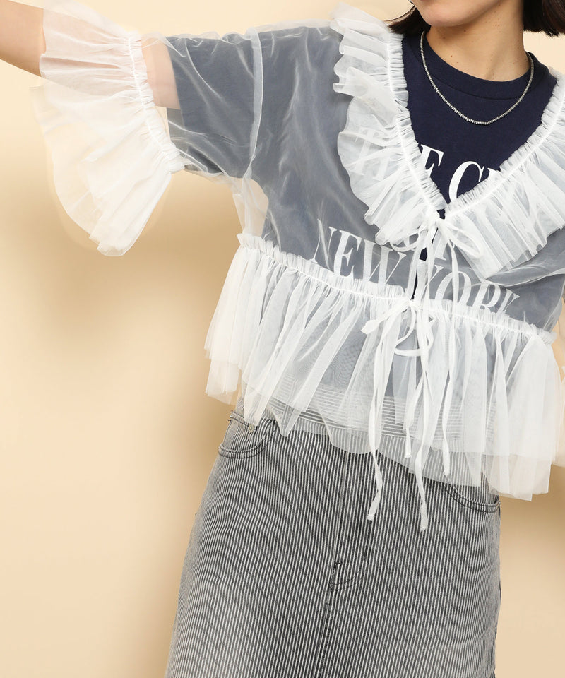 チュール フリル リボン ブラウス