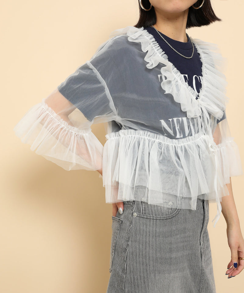 チュール フリル リボン ブラウス