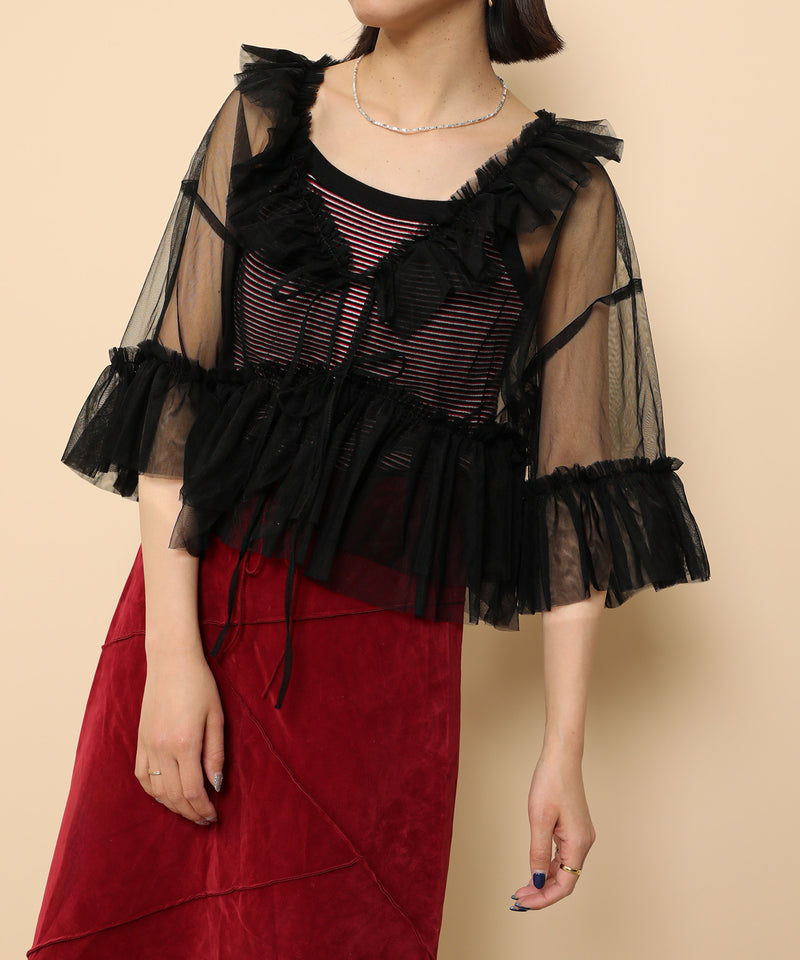 チュール フリル リボン ブラウス