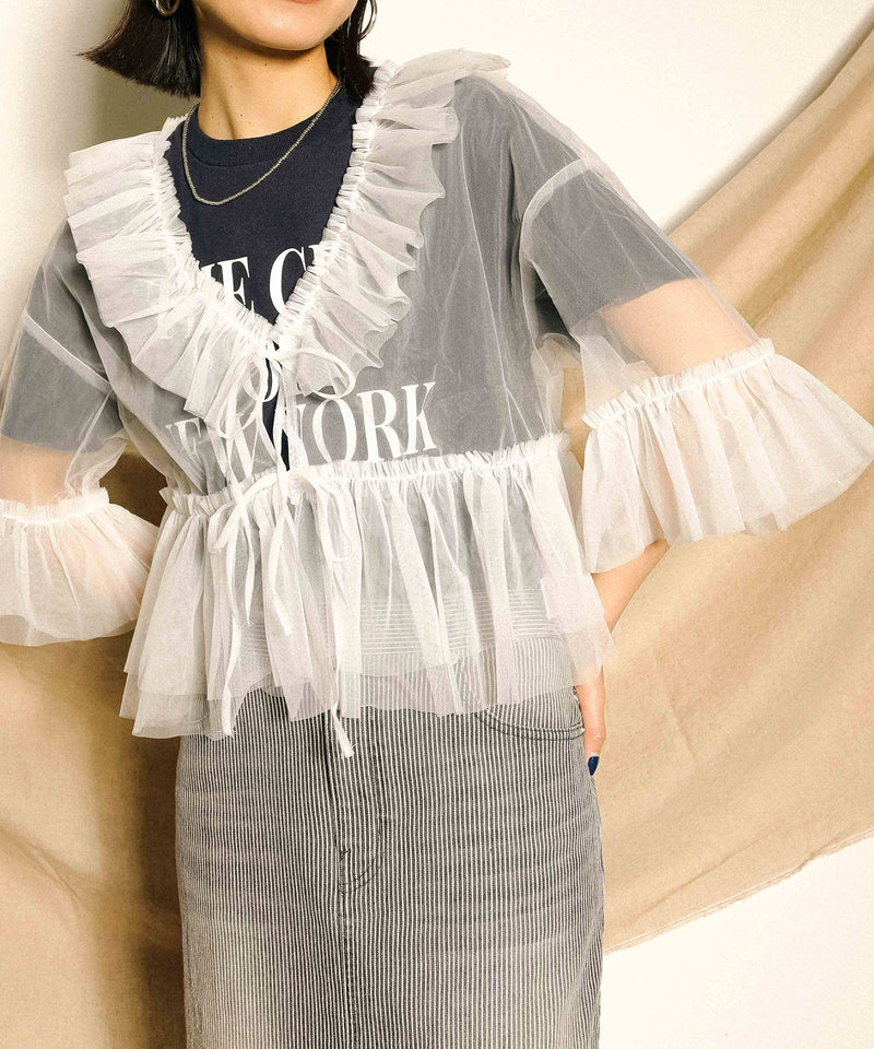 チュール フリル リボン ブラウス