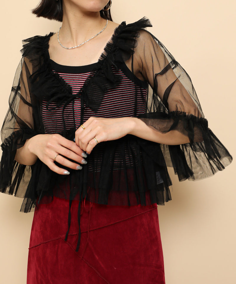 チュール フリル リボン ブラウス