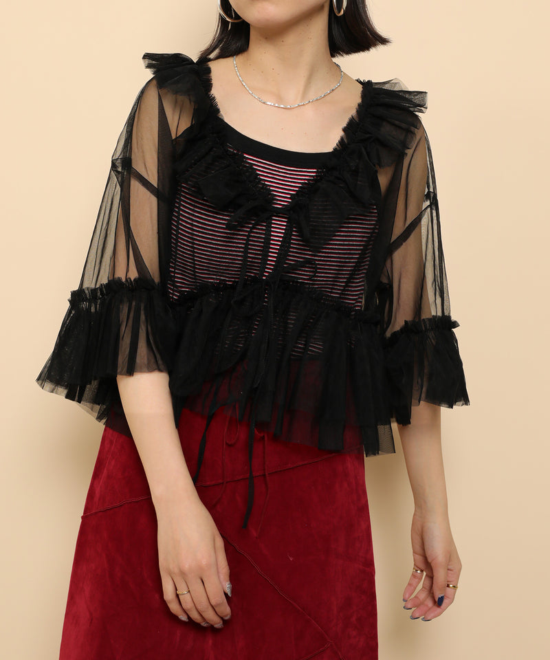 チュール フリル リボン ブラウス