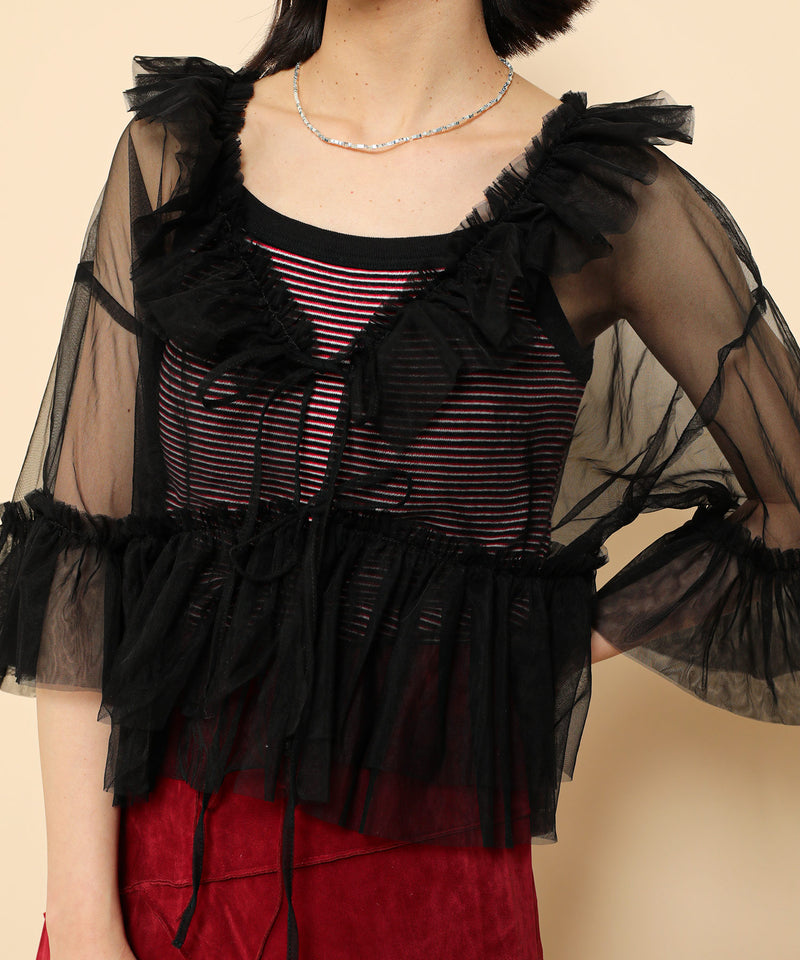 チュール フリル リボン ブラウス