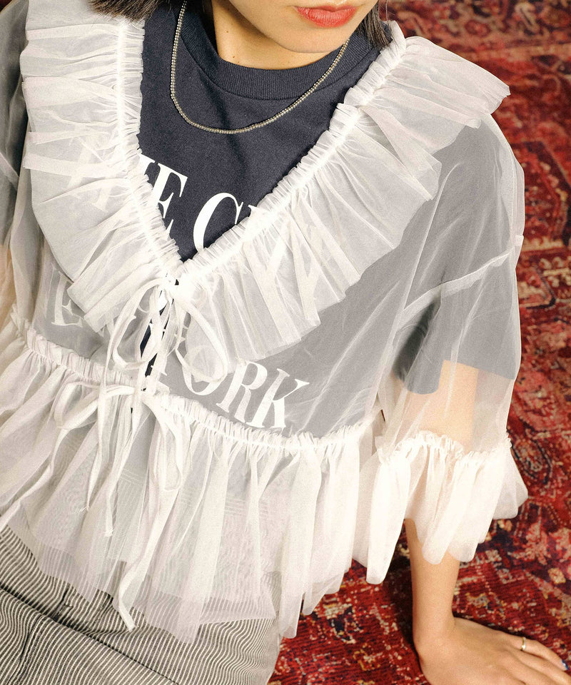 チュール フリル リボン ブラウス