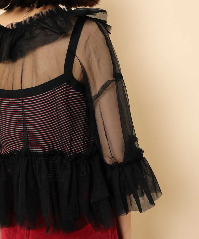 チュール フリル リボン ブラウス