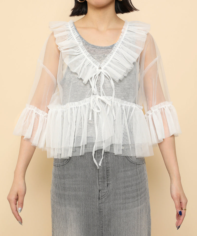チュール フリル リボン ブラウス