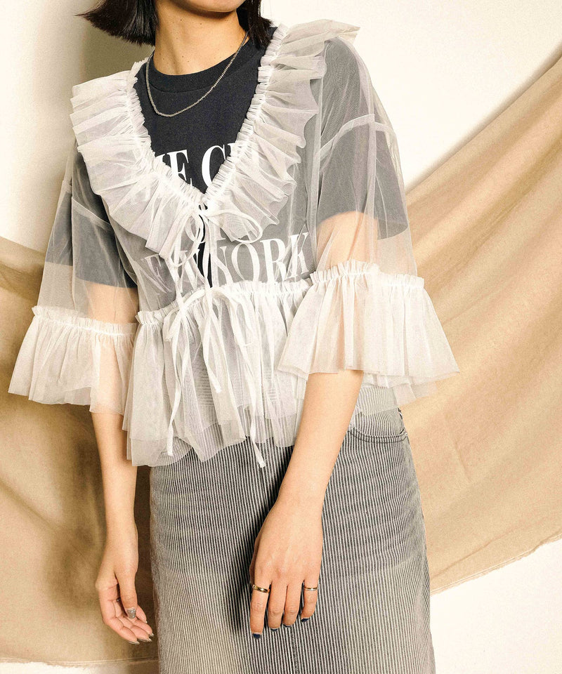 チュール フリル リボン ブラウス