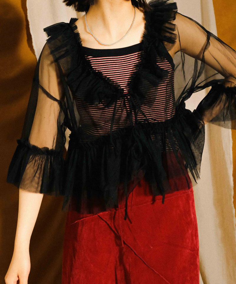 チュール フリル リボン ブラウス