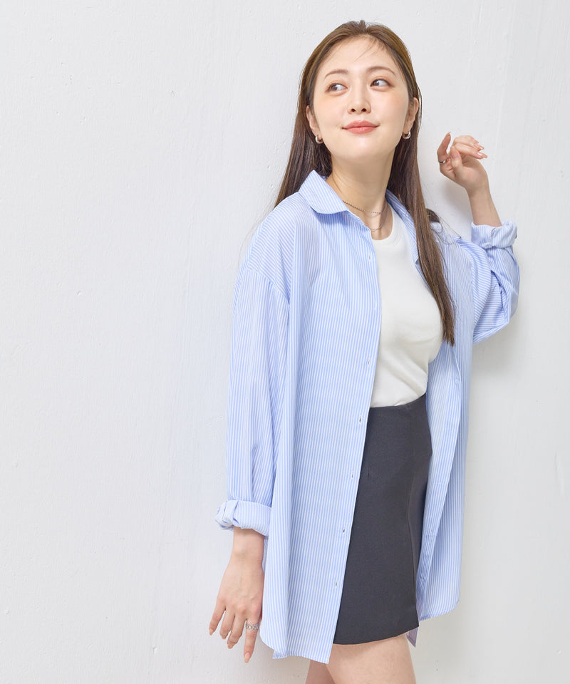 【普段のUVケアに】オーバーサイズ　ストライプ シャツ ラッシュガード 　UV対策 紫外線対策 冷房対策