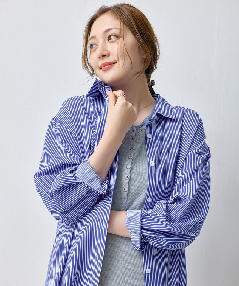 【普段のUVケアに】オーバーサイズ　ストライプ シャツ ラッシュガード 　UV対策 紫外線対策 冷房対策