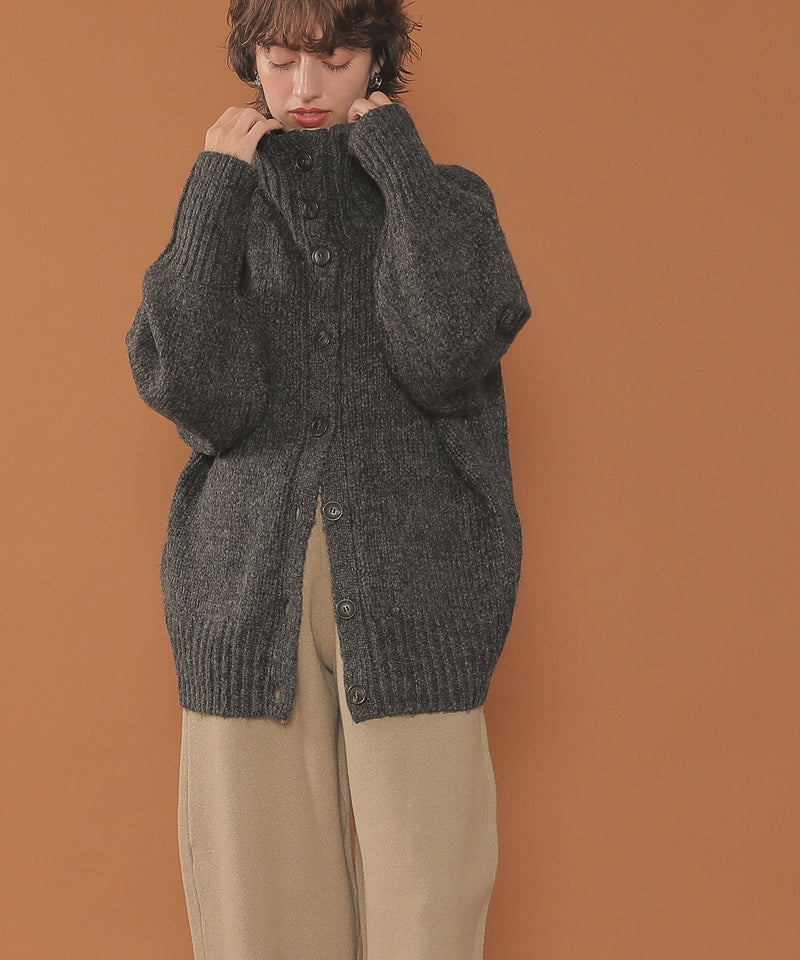 ハイネック オーバーサイズ ボタン ニット カーディガン