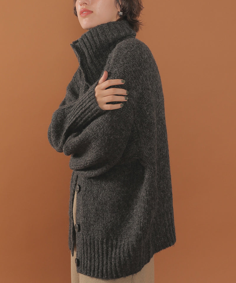 ハイネック オーバーサイズ ボタン ニット カーディガン