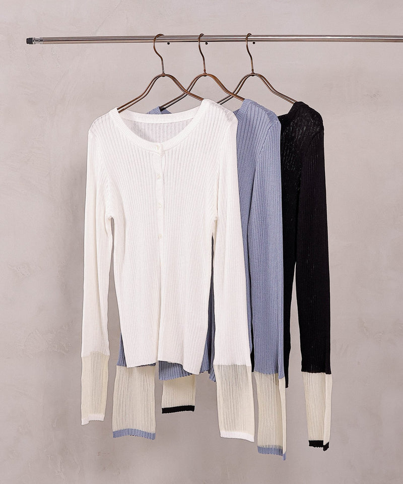 【さりげない透け感で差をつける】袖口シアー リブ クルーネック カーディガン