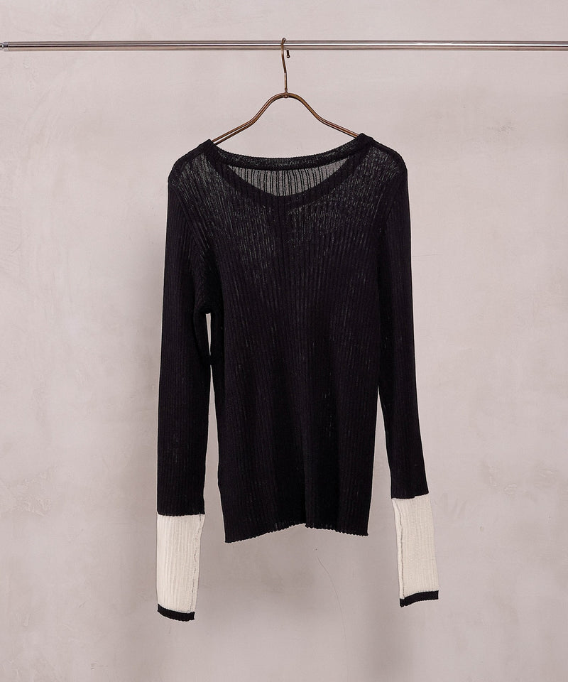 【さりげない透け感で差をつける】袖口シアー リブ クルーネック カーディガン