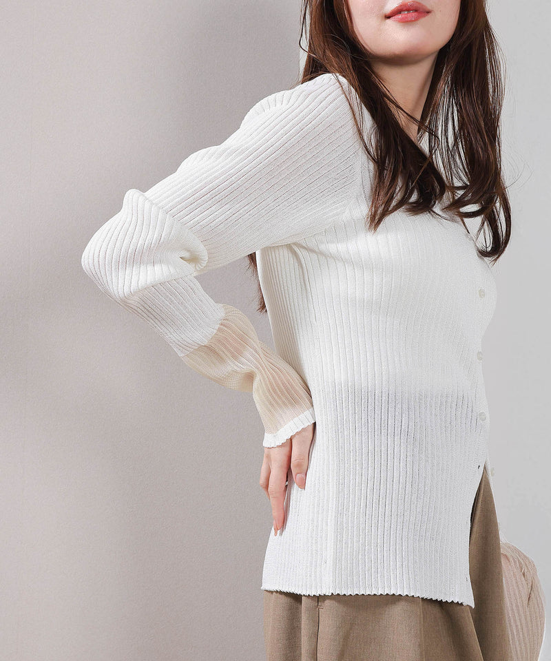【さりげない透け感で差をつける】袖口シアー リブ クルーネック カーディガン