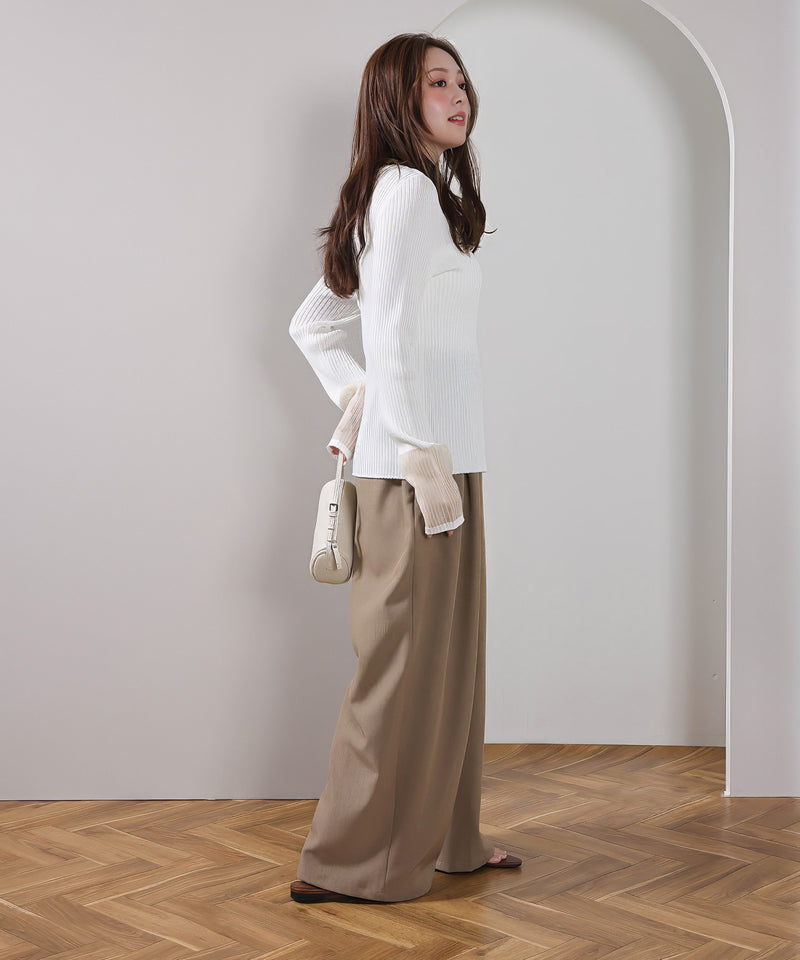 【さりげない透け感で差をつける】袖口シアー リブ クルーネック カーディガン