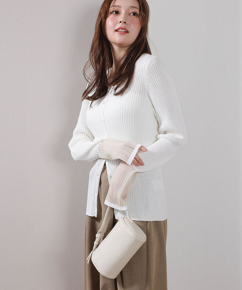 【さりげない透け感で差をつける】袖口シアー リブ クルーネック カーディガン
