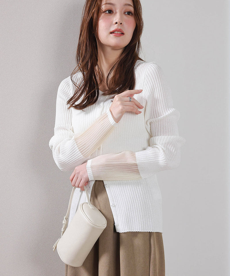 【さりげない透け感で差をつける】袖口シアー リブ クルーネック カーディガン